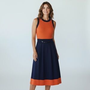 Luisa Spagnoli Womens Orange Navy Knit Dress S Sleeveless A Line Quiet Luxury